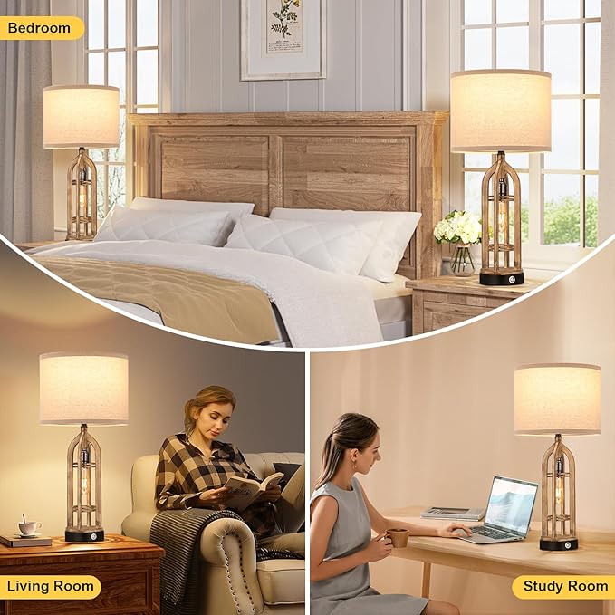 Seealle Table Lamp for Living Room Set of 2 - Wood-Like Bedside Lamp for Bedroom with USB C+A & Outlet, Farmhouse Lamps for Night Stands, 3-Way Dimmable Touch Lamps for Living Room