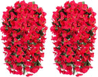 Faux Bougainvillea Artificial Flowers Plants for Outdoor Outside Decoration, 2 PCS Red Fake Flowers UV Resistant Look Real Silk Long Trailing Vines for Front Door Porch Planter Urn Patio Garden Yard