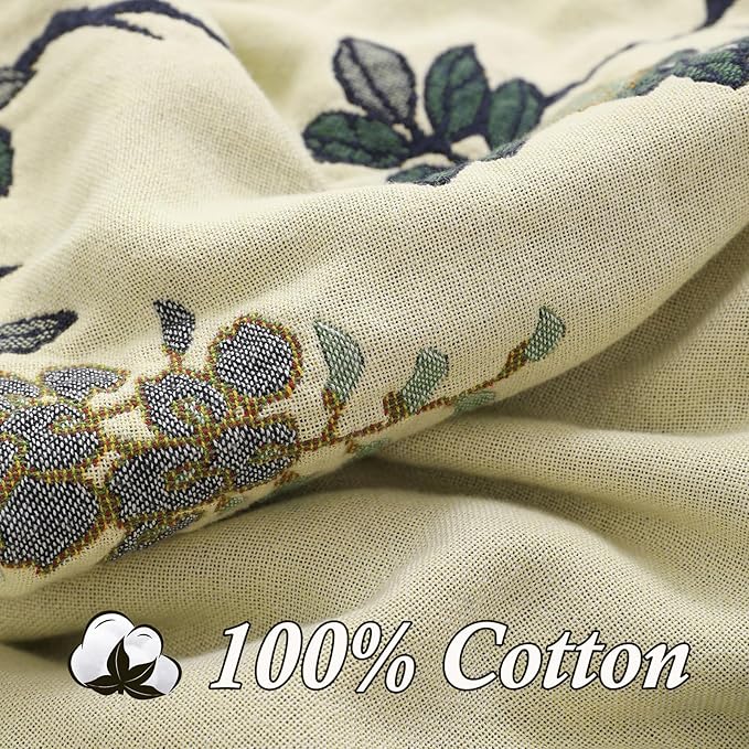 Snycler Boho Throw Blanket for Bed - 100% Cotton Ultra Soft Rustic Quilt Blanket Green Floral Bird Printed Farmhouse Decor Bed Blankets, 60"×80" All Season Rustic Throw for Sofa Chair Couch