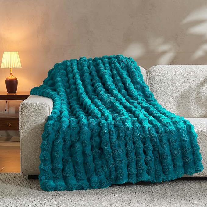 Lotus Karen Faux Fur Teal Throw Blanket - Big Bubble Rabbit Fluff Blanket for Couch Bed Sofa,Softest Fluffy Fuzzy Cozy Blanket,Thick Furry Plush Shaggy Warm Blankets for Women,50x60 Inches