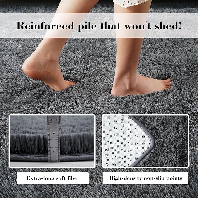 Fluffy Rug Shaggy Area Rug, Dark Grey 4x6 Area Rugs for Bedroom, Small Bedside Rug, Soft Fluffy Shaggy Entryway Throw Rugs for Living Room Bedroom Kids Room Home Decor