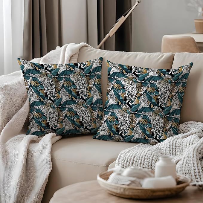 Exotic Tropical Jungle Leopard Print Pillow Covers 18x18, Cheetah Print Room Decor, Tropical Palm Leaf Cheetah Decorative Throw Pillow Covers for Home Bedroom Living Room
