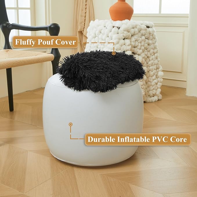 XeGe Fluffy Faux Fur Inflatable Pouf Ottoman, Comfy Portable Shaggy Fuzzy Foot Stool Anti-Slip, Plush Foot Rest Floor Pouf Home Decorative, Round Ottoman Cushion for Living Room Bedroom, Black