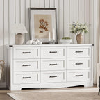 Dresser for Bedroom with 9 Drawers, 59" Wide Modern Chest of Drawers with Deep Drawers & Mental Handle, Wood Dresser TV Stand, Wooden Closet Storage Organizer for Living Room, Hallway, Entryway, White