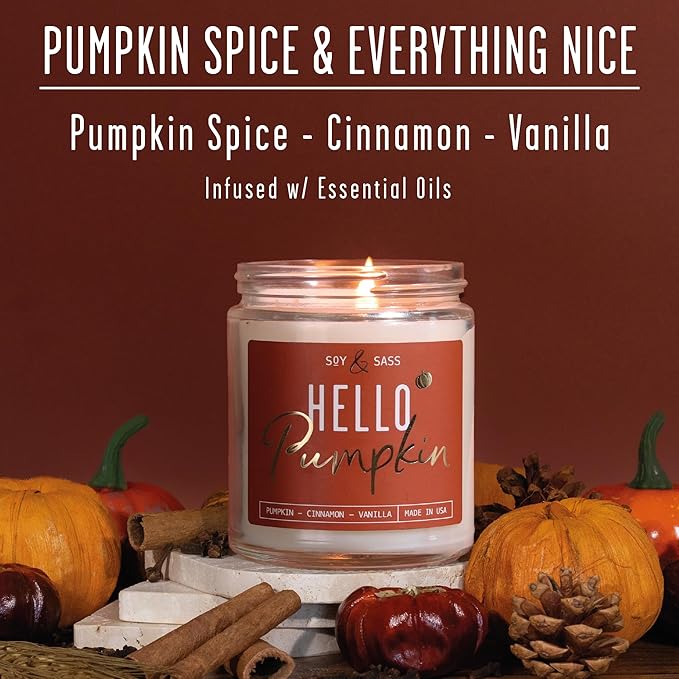 Pumpkin Spice Candle, Fall Candles - 'Hello Pumpkin' Pumpkin Candle I Infused w/Essential Oils I Autumn Scented Soy Candles for Home I Fall Home Décor I 9oz Reusable Jar, 50Hr Burn, Made in USA