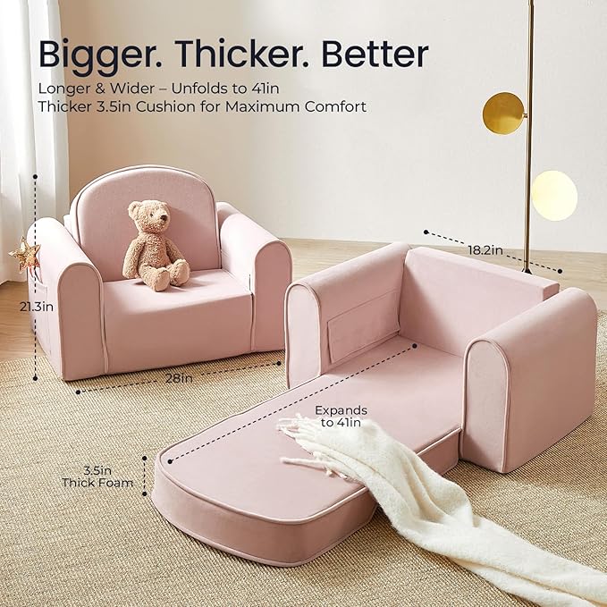 Tiny Land 2-in-1 Foldable Kids Couch with Pockets – Soft Thick Toddler Sofa, Lounger Couch, Convertible Kids Chair for Playroom, Bedroom or Living Room, Gift for Boys & Girls (Pink)
