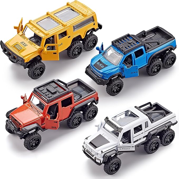 KIDAMI Diecast Toy Trucks 4 Pack Die Cast Metal Toy Cars Pull Back Cars Openable Doors Off-Road Vehicles Birthday Gift for Boys and Toddlers (Original)