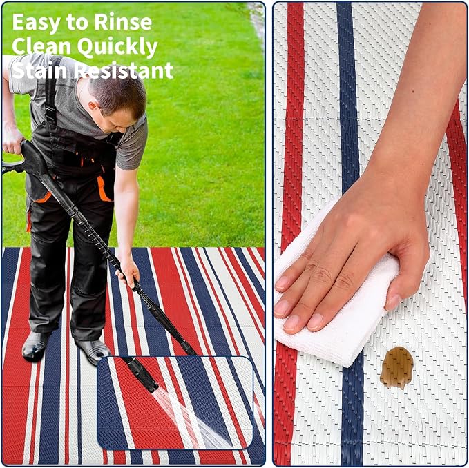 Outdoor Patio Rug 9x12 Stain-Resistant Reversible Camping Mat, Modern Striped Outdoor Plastic Straw Rug, Waterproof Outside Carpet, Easy to Clean for RV, Porch, Deck, Balcony, Red Blue White