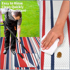 Outdoor Patio Rug 9x12 Stain-Resistant Reversible Camping Mat, Modern Striped Outdoor Plastic Straw Rug, Waterproof Outside Carpet, Easy to Clean for RV, Porch, Deck, Balcony, Red Blue White