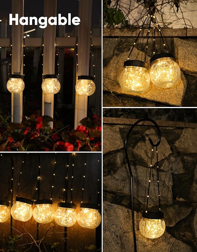 PARTPHONER Solar Lantern Solar Lights Outdoor Waterproof 2-Pack, Solar Powered Hanging Lights Cracked Glass Hanging Globes for Christmas Decoration, Shepherd Hook, Garden Tree Ornaments