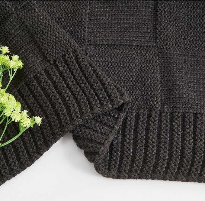 CozeCube Check Knit Throw Blanket, Jet Black Checkered Throw for Couch, Decorative Christmas Soft Cozy Warm Knitted Blanket for Bed Sofa Living Room, 50"X60"