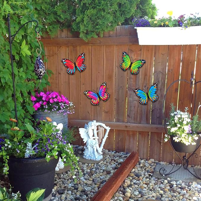 Oraytteo Metal Butterfly Wall Decor, 4pcs Butterflies Wall Art Hanging Sculptures for Outdoor Indoor Fence Patio Yard Tree Garden Home Decorations, Housewarming Gift for Mom Friends
