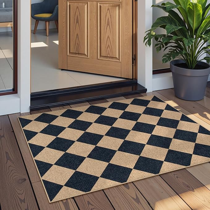 Lahome Checkered Easy Jute Kitchen Rug, 2x3 Front Door Mat Non Slip Washable Neutral Area Rug, Farmhouse Diamond Non Shedding Low Pile Floor Carpet for Entryway Porch Doorway