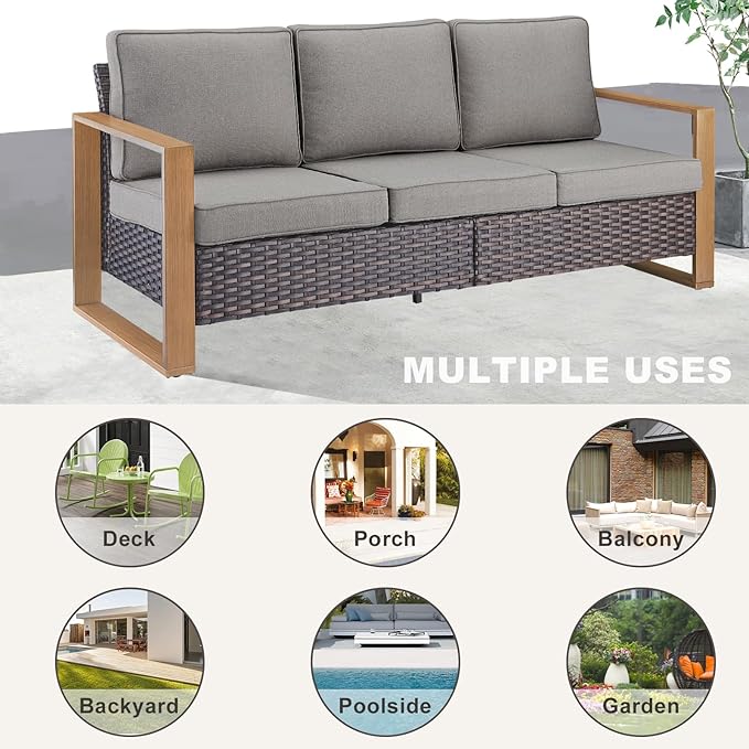 Outdoor Couch Wicker Patio Sofa, Rattan Patio Furniture Sofa with Sturdy Frame,All-Weather PE Wicker,Wide Armrest,Deep Seating and Thick Cushions for Deck Porch Garden(Brown/Grey)