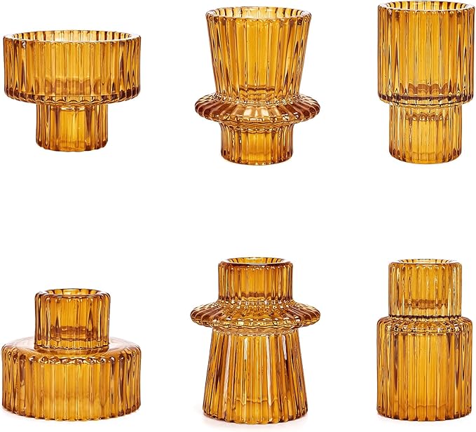 Candlestick Holders Set of 6, Ribbed Glass Taper Candle Holders, Reversible Amber Tealight & Candle Stick Candle Holder Vintage Crystal Tapered Candlestick for Wedding Dinner Party Festival