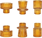 Candlestick Holders Set of 6, Ribbed Glass Taper Candle Holders, Reversible Amber Tealight & Candle Stick Candle Holder Vintage Crystal Tapered Candlestick for Wedding Dinner Party Festival