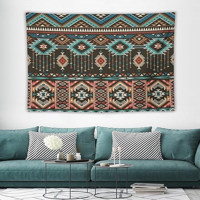 HZOHNAGO Aztec Tapestry Turquoise Blue and Brown and Native American Tribal Pattern Printed Wall Tapestry Wall Hanging for Bedroom Living Room Dorm 60" W x 40" H