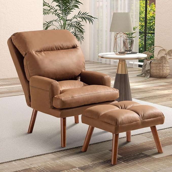 CANMOV Modern Accent Chair with Ottoman, Soft Fabric Armchair with Adjustable Backrest and Side Pockets, Comfy Lounge Chair for Living Room, Bedroom, Apartment, Office, Camel