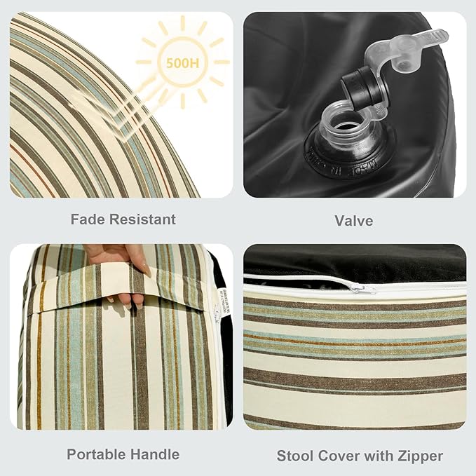 LVTXIII Outdoor Inflatable Ottoman, Fade-Resistant Round Footrest Stool D31”x H14”, Portable Patio Pouf for Garden Camping or Home Use, Stripe Onyx