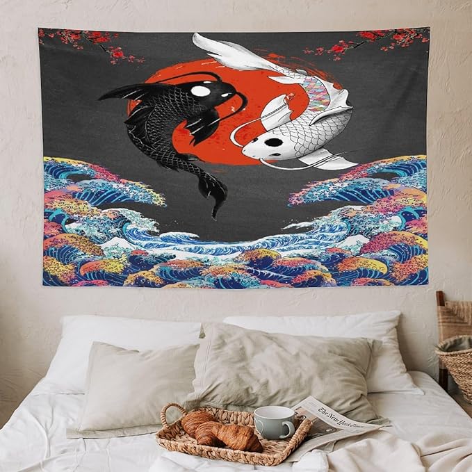 Houselerax Japanese Koi Fish Tapestries, Yin Yang Big Wave Cherry Blossom Tapestry Wall Hanging for Bedroom Living Room Office Decor 60"x40"