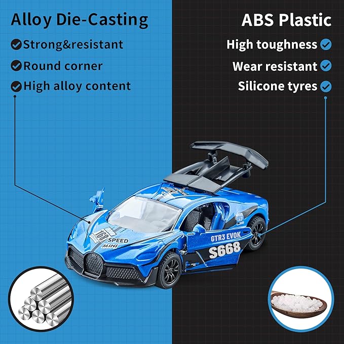 KIDAMI Pull Back Cars for Kids, Die Cast Metal Toy Cars Playset with Door Openable, Vehicles Race Toys for Toddlers, Boys, Girls’ Educational Play (4 Pack)