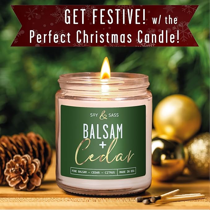 Balsam Candle, Christmas Candles Scented - 'Balsam + Cedar' Soy Candle, w/Balsam Fir, Cedar & Citrus - Infused with Essential Oils I Balsam Fir Candles I 9oz, 50Hr, Made in USA