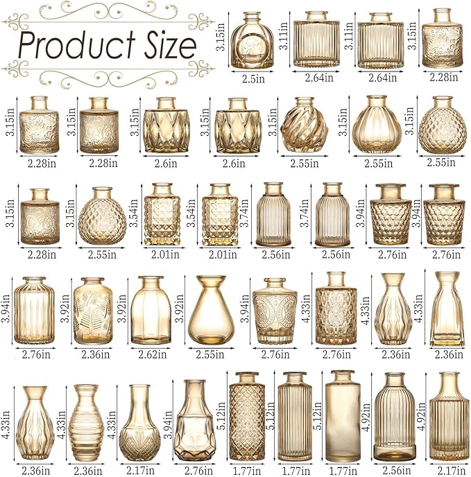Amber Glass Bud Vases Set of 36, Mini Flower Vase for Centerpieces, Small Clear Vases in Bulk for Wedding Decorations, Vintage Vase for Table, Recepetion, Home Décor