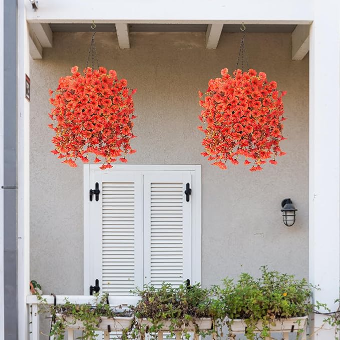 Ivydale 2 PCS Artificial Fall Hanging Flowers Fake Plants Outdoor,Silk Morning Glory Faux Flowers with Eucalyptus Leaves,UV Resistant Realistic Mums Plants for Home Garden Decor (Orange)