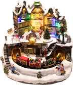 taman Christmas Village Houses - Collectible Buildings with Moving Train, Family & Snowman, Warm Light Musical Ornaments for Christmas Holiday Decorations