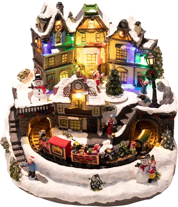 taman Christmas Village Houses - Collectible Buildings with Moving Train, Family & Snowman, Warm Light Musical Ornaments for Christmas Holiday Decorations