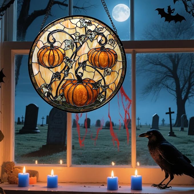 Stained Glass Window Hanging - Halloween Decoration Orange Pumpkin Vine Leaves Suncatcher for Door Garden Spooky Sun Catchers Gothic Decor Horror Gifts for Women Men Friend Boy Girl 9.8 in
