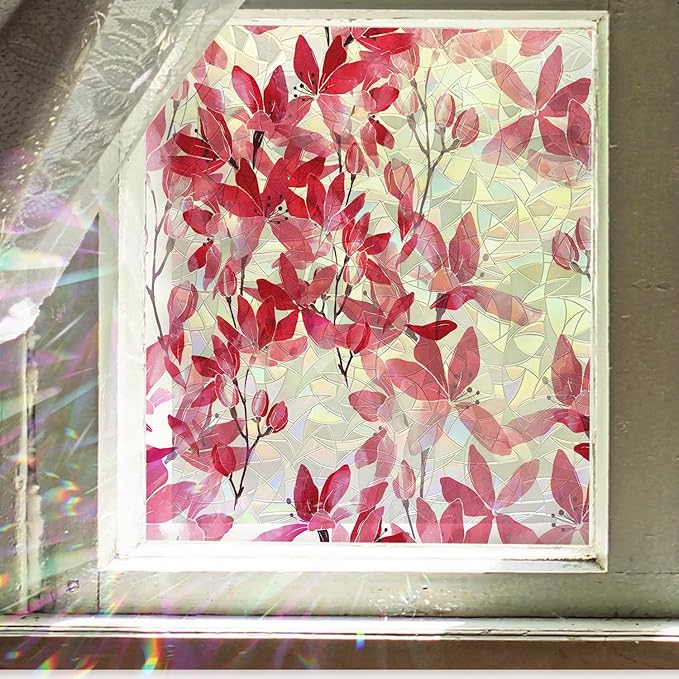 Stained Glass Window Privacy Film, Watercolor Pink Leaves Flowers Double Sided Non-Adhesive Glass Windows Clings Stickers for Home Office Living Room Window Door Decor 16.93 x 39.37 Inches