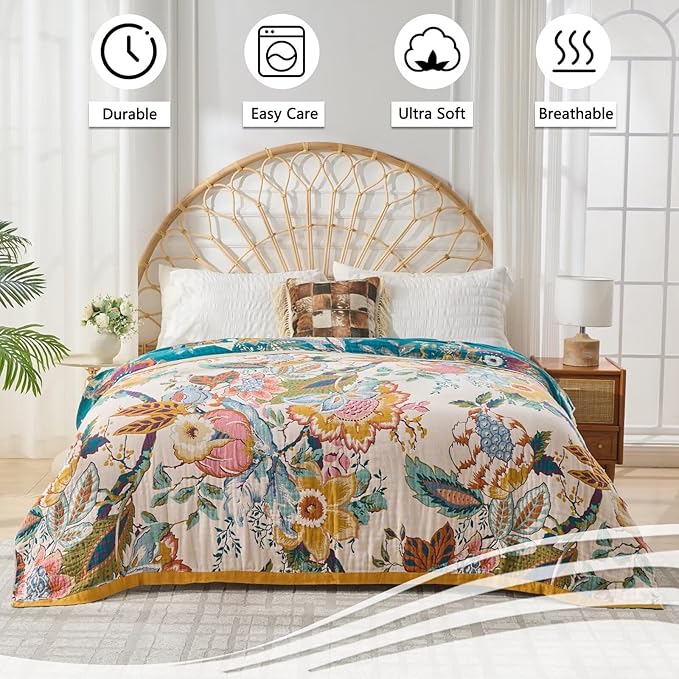 Ultra Soft Lightweight Cotton Quilts,Cozy Summer Boho Throw Blankets,Lightweight Reversible Muslin Blanket Decor Blankets for Armchair Travel, 80"x90" Large Muslin Mexican Throw Blanket