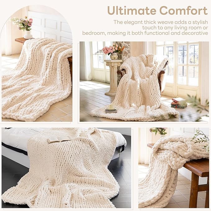 Chunky Knit Blanket - Luxury Soft Cozy 61 * 79 Bold Throw Blanket,100% Woven Blanket Rope Knot Throw Blanket for Couch, Sofa, Home Decor, Gift - Machine Washable（Cream）