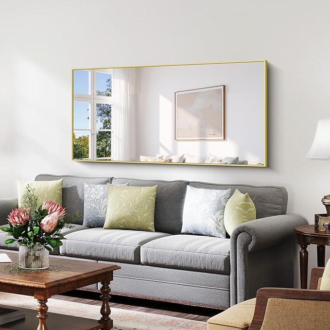 YIROMAN Bathroom Mirror 60"x30", Large Brushed Gold Bathroom Mirror for Over Sink with Aluminum Frame, Rectangular Vanity Mirror with Right Angle, Wall Mirror Hangs Horizontal or Vertical