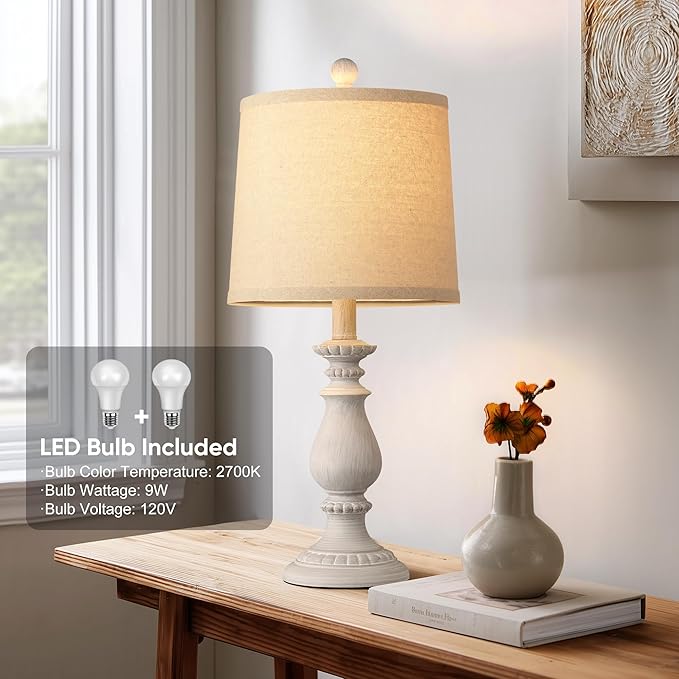 QiMH Farmhouse Table Lamp Set of 2, Rustic Table Lamps for Living Room, Vintage Nightstand Lamp with Rotary Switch, Beside Lamps for Bedroom, Traditional Table Lamps with Linen Shade, Antique White