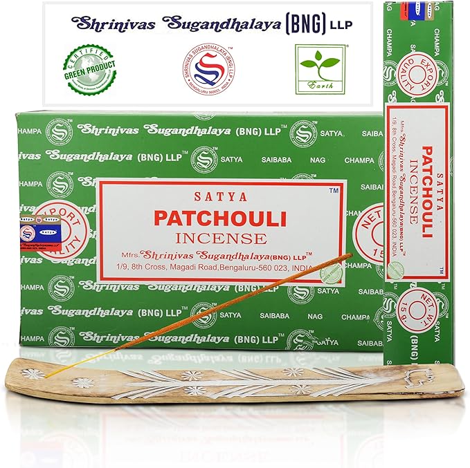 Satya Patchouli Incense Sticks, Satya Bng (Bangalore) Insenses 15gmx12 Pack with Raajsee Incense Holder Bundle, Satya Nagchampa Natural Incense