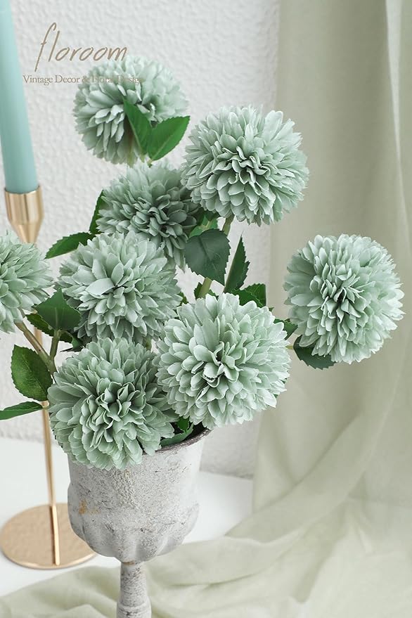 Floroom 12pcs Sage Green Faux Silk Mums Artificial Flowers Bulk Fake Chrysanthemums with Stems for DIY Wedding Table Centerpieces Floral Arrangements Vase Fillers Home Decorations