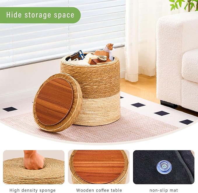 Wimarsbon Round Pouf Ottomans, Handwoven Natural Water Hyacinth Seagrass Pouffe,Outdoor Rattan Stool Accent Seat, Bohemian Coastal Home Decor (Storage - 14inch Natural Cattail & White Corn Shell)