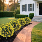 Set of 2 Artificial Boxwood Topiary Ball Trees with Yellow Flowers for Outdoor with Ground Spike 29.5", UV Resistant Faux Greenery Shrubs, Fake Plants for Garden, Porch, Patio Valentine's Day Decor