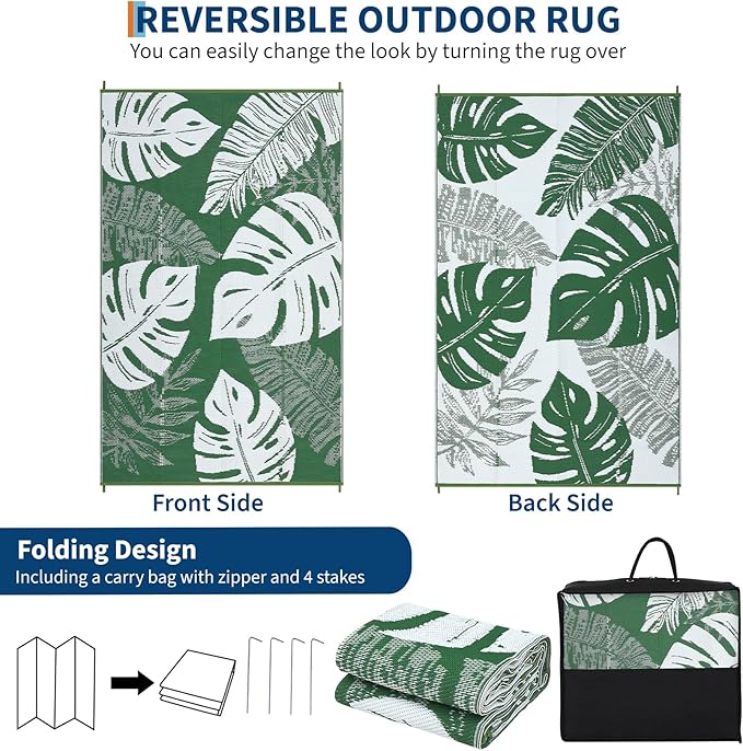 GAOMON Waterproof Plastic Straw Rug 9x12 Outdoor Patio Rug, Reversible Modern Camping Mat with Bag & Stakes, UV Resistant & Easy to Clean Outdoor Carpet for RV, Deck, Balcony, Green