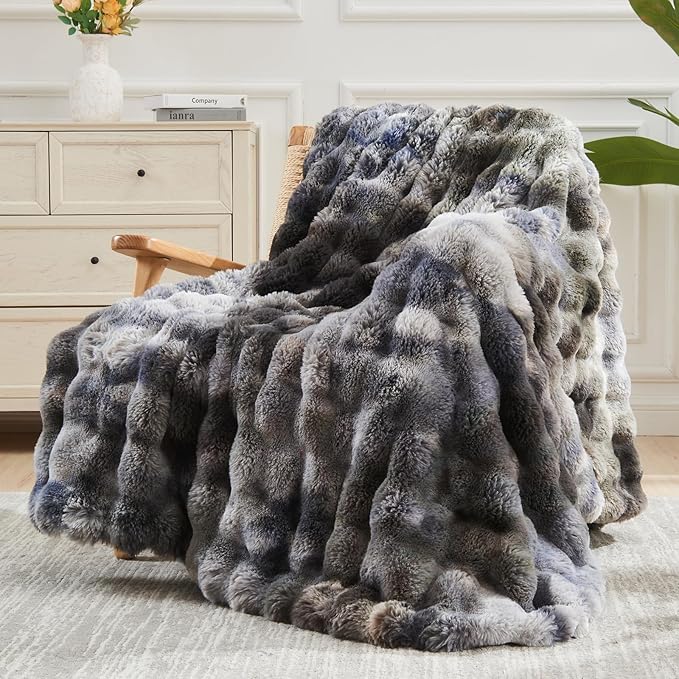 NEWCOSPLAY Faux Fur Twin Blanket Tie-dye Grey Luxury Fluffy Thick Warm Bubble Blanket for Couch Sofa Bed 700GSM (Tie-dye Grey, Twin(60"x80"))