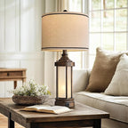 25'' Table Lamp for Living Room Bedroom Farmhouse Metal Lamps with 2 USB Ports, Built-in Frosted Glass Night Light Vintage Industrial Nightstand Bedside End Lamp, 2 Bulbs Included, Bronze