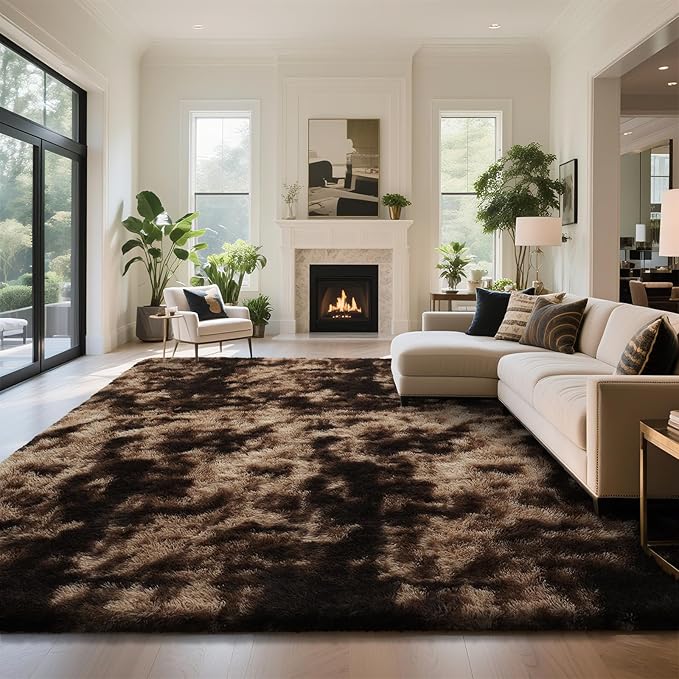 Fluffy Rug Shaggy Area Rug, Mottling Brown 9x12 Area Rugs for Living Room, Large Shag Area Rugs for Bedroom Kids Room Home Decor, Upgrade Anti-Skid Rectangular Fuzzy Rugs
