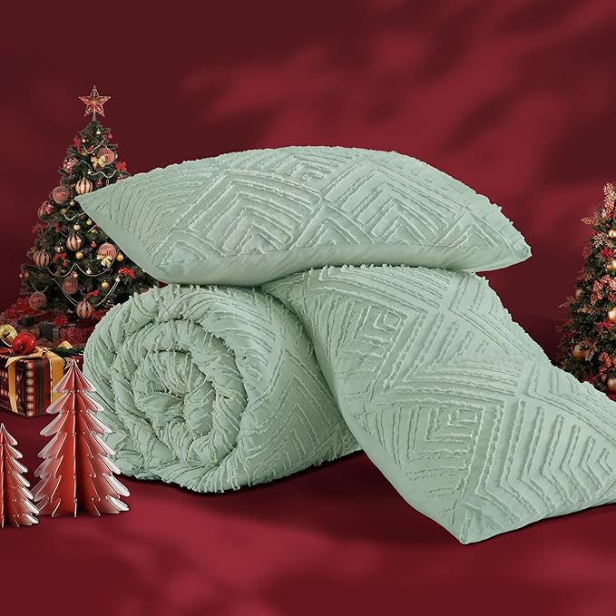 Andency Full Comforter Sets Sage Green, Boho Lightweight and Fluffy Bedding Set for Full Bed, 3 Pieces Tufted Farmhouse Design for All Seasons (79x90Inches, 1 Comforter and 2 Pillow Shams)
