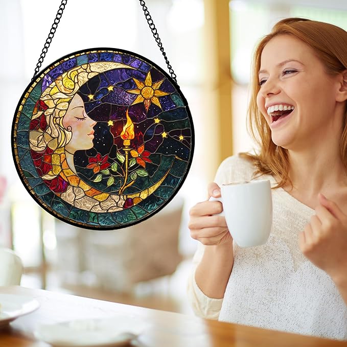 Stained Glass Window Hanging, Moon Goddess Torch Suncatcher Diamond Glass Panel Hangings Dream Sun Catchers Decor for Birthday for Women, Men, Wife, Aunt, and Mom 14.9x14.9 in