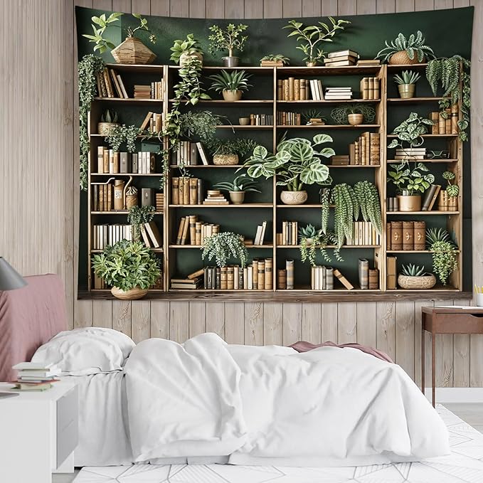 HVEST Green Plant Bookshelf Tapestry Book on Bookshelf and Plant Potted Tapestry Wall Hanging Reading Wall Decor for Study Room Bedroom Living Room College Dorm, 70.9L x 92.5W Inches