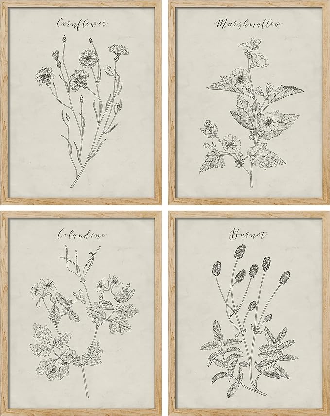 SIGNWIN Framed Vintage Wildflower Wall Art, Set of 4 Plant Collage Drawing Wall Decor Prints, Nature Wilderness Wall Décor for Living Room, Bedroom - 8"x10" Natural