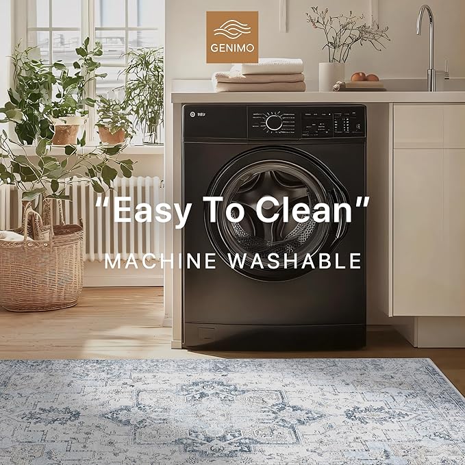 GENIMO 9x12 Area Rugs for Living Room, Machine Washable Non Slip Vintage Rugs, Low Pile Lightweight Chenille Print Rug for Bedroom, Dining Room, Home Office, Blue