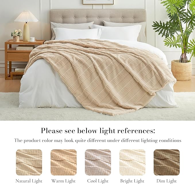 Amélie Home Luxury Striped Faux Fur Throw Blanket for Couch, Embossed Split Fur Cozy Fuzzy Fluffy Luxurious Soft Plush Sofa Chair Bed Gift Blankets for Women Men Wife Friend, 55"x70", Beige